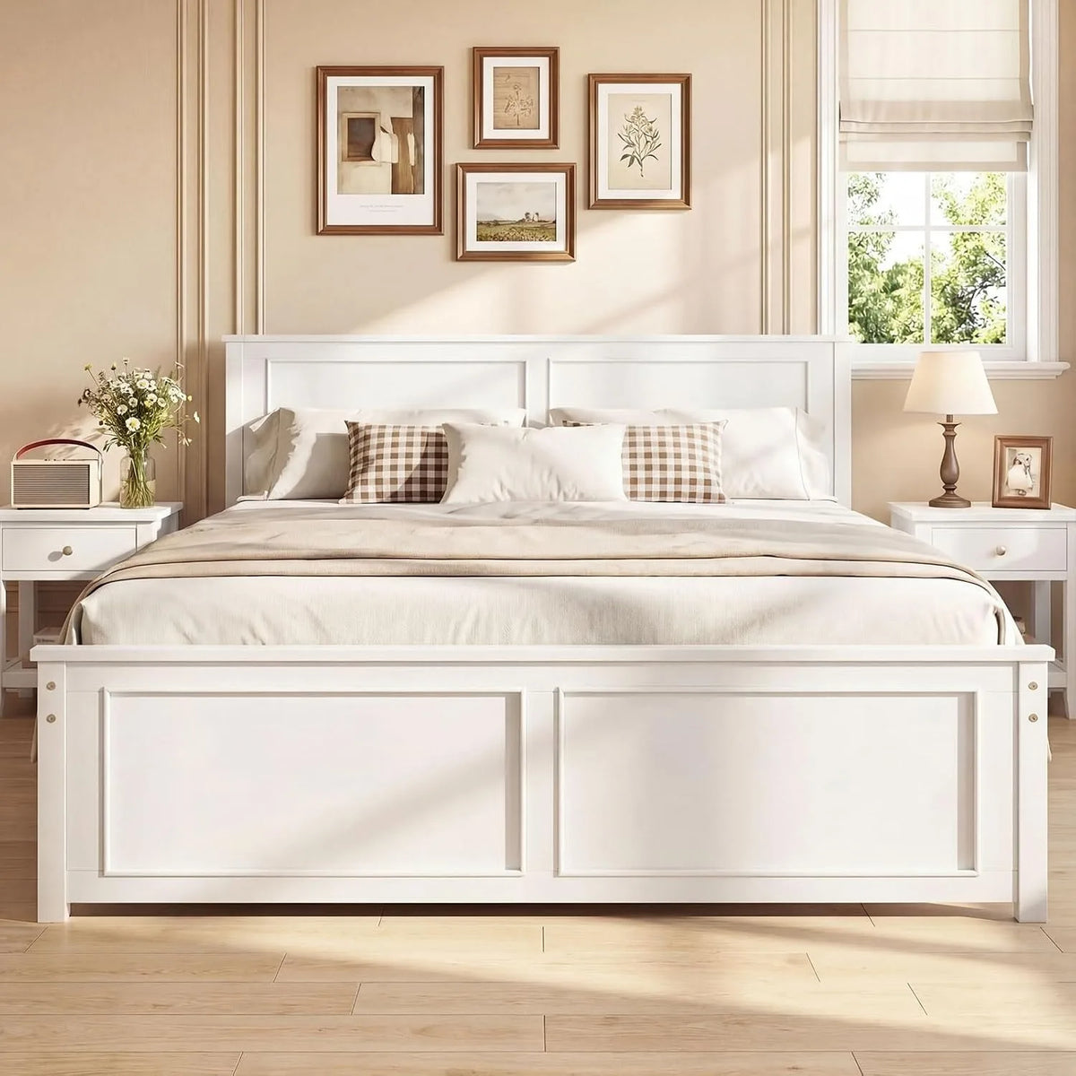 Farmhouse Solid Wood Full Size Bed Frame with Headboard – Platform Bed, Wooden Slat Support, No Box Spring Needed