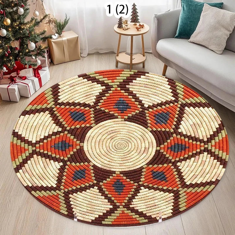 Round Woven Geometric Ethnic Rug – Non-Slip Durable Carpet for Living Room & Bedroom