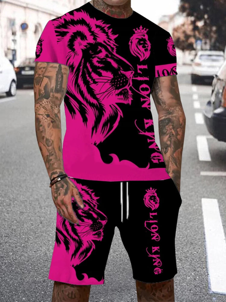 Men's Lion King 3D Print T-Shirt & Drawstring Shorts Set – Casual Outdoor Camping 2-Piece