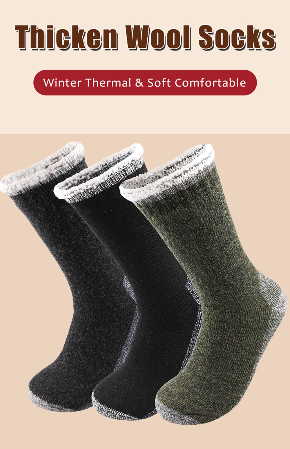Men's Thick Wool-Blend Crew Socks, 3 Pairs