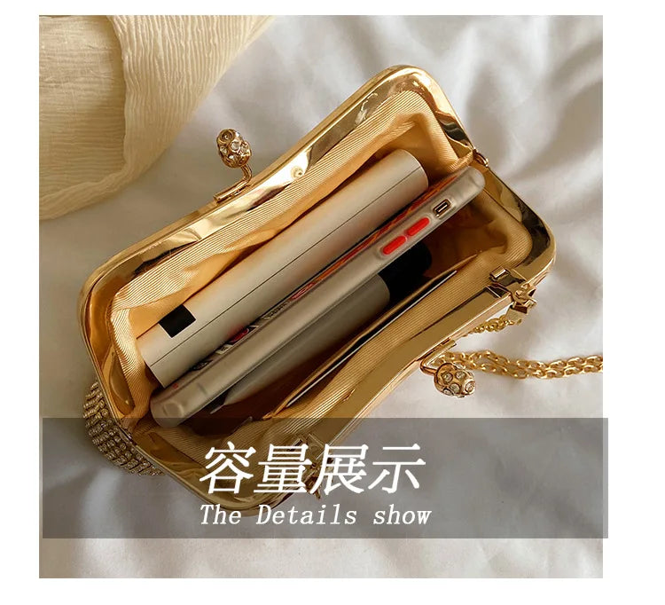 Golden Metal Bow Evening Clutch Bag – Shiny Bridal Chain Shoulder Bag for Wedding & Party