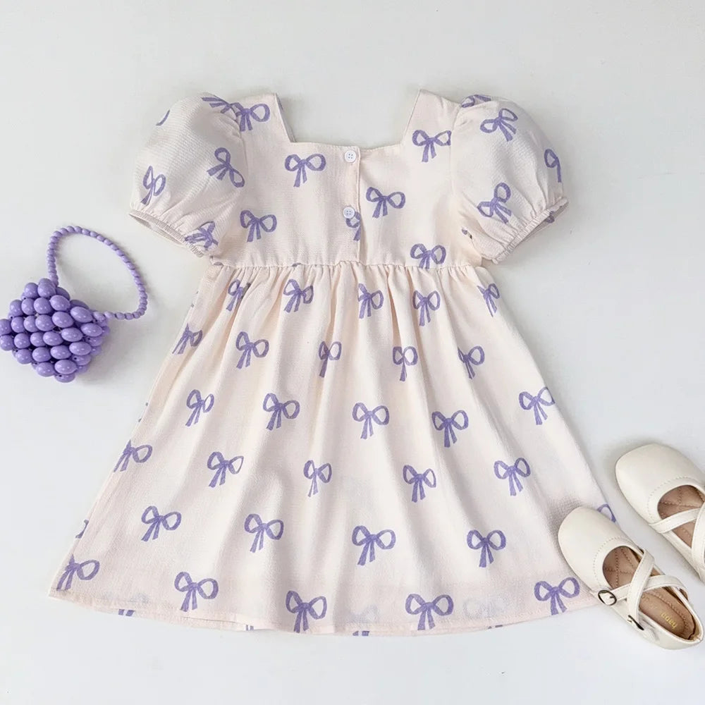 Bow Print Girls Casual Dress — Short Sleeve Sweet Summer Dress (3–7 Years)
