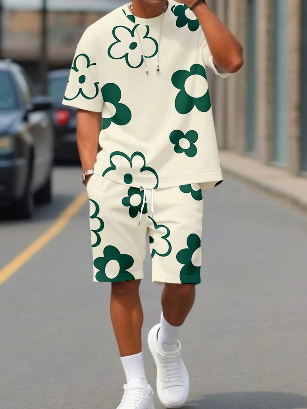 Men's Flower Graphic Print T-Shirt & Elastic Waist Shorts Casual Two-Piece Set