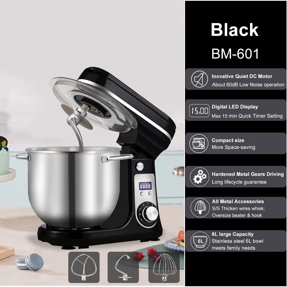 6L 1200W Stand Mixer — Quiet DC Motor, 6-Speed, Dough Kneader & Egg Whisk