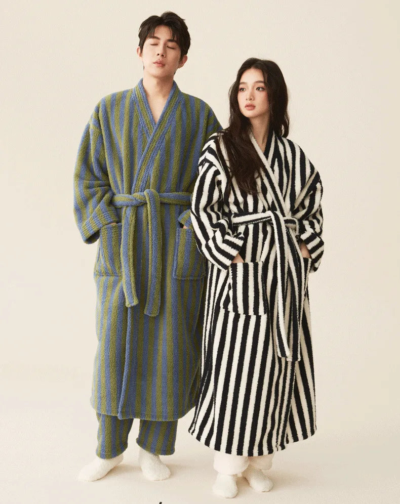 Women's Coral Velvet Striped Fleece Robe | Thick Plush Dressing Gown Loungewear