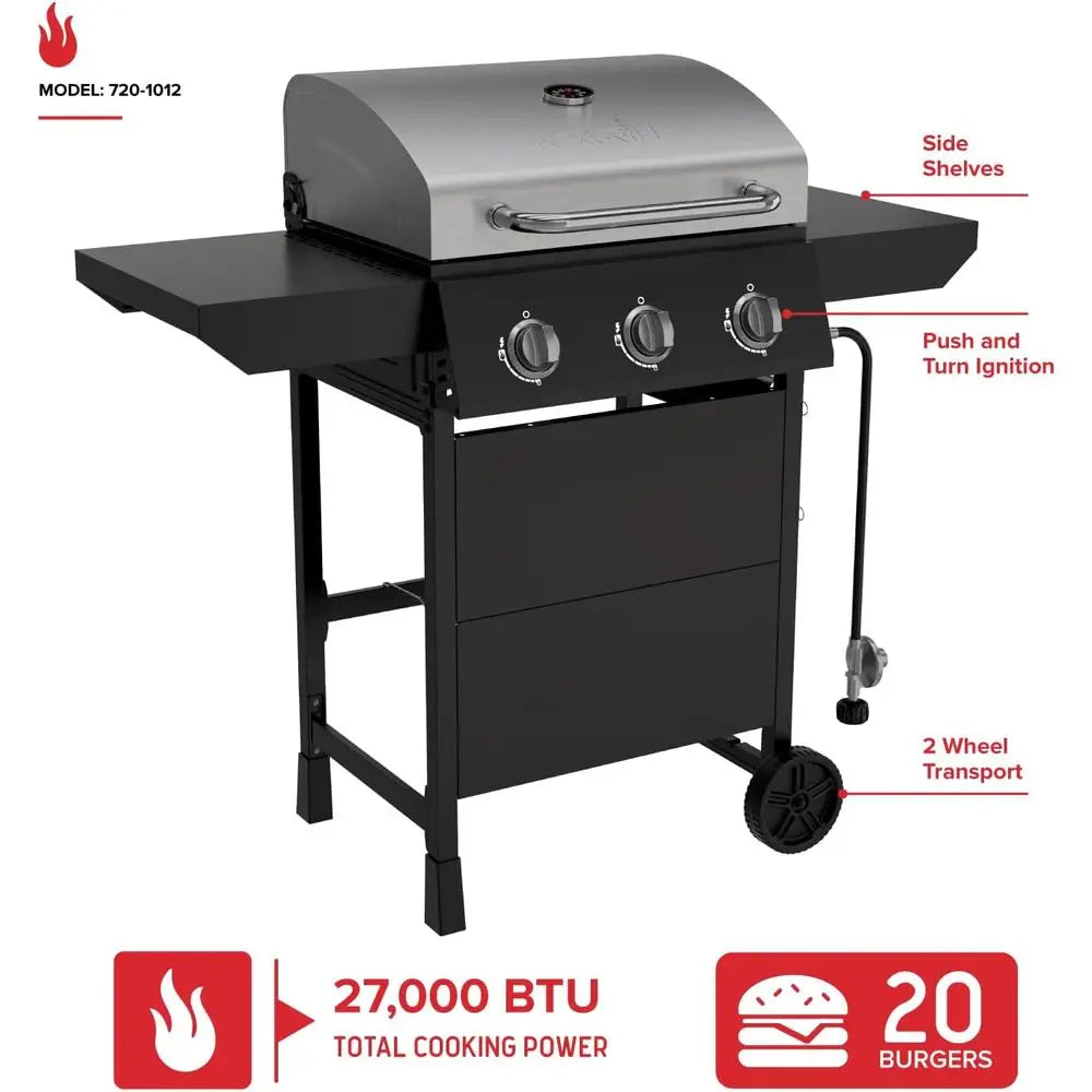 Triple Burner Propane Grill | 27,000 BTU, 429 Sq. In. Cooking Area, Stainless Steel Lid, Porcelain Grates, Side Shelves, Warming Rack