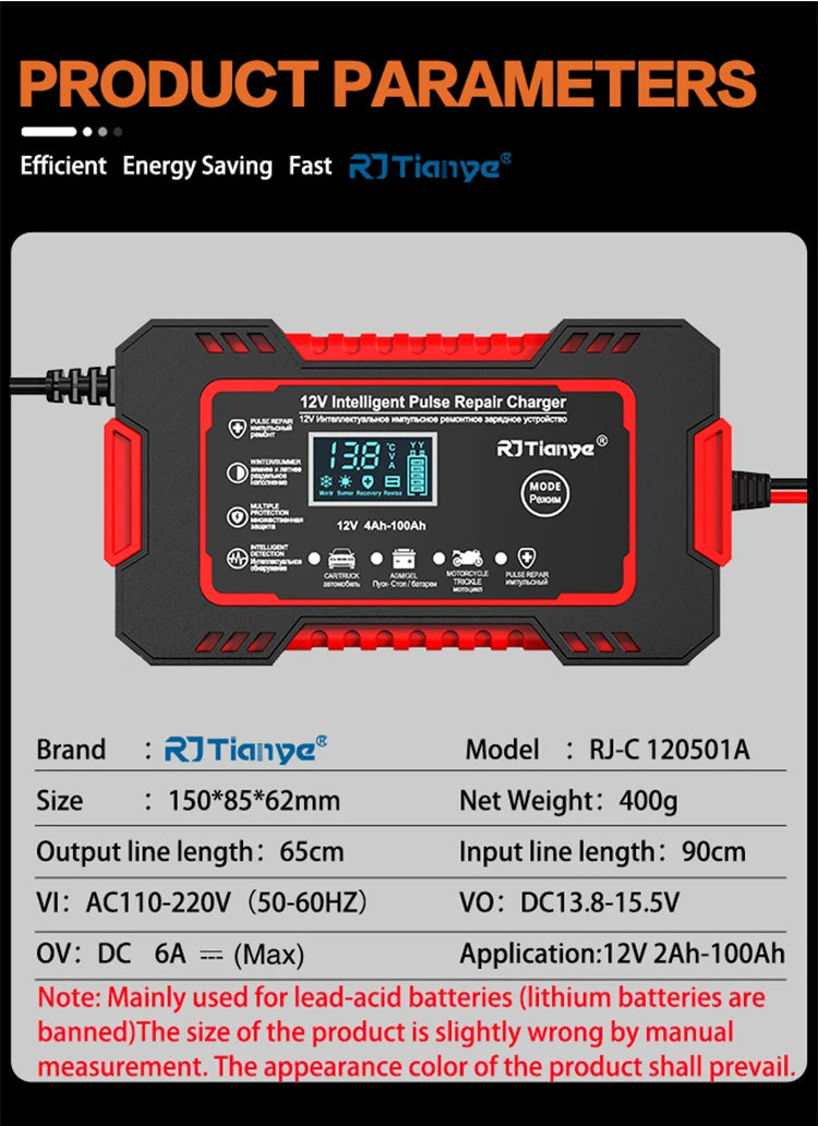 12V 6A Smart Car Battery Charger — LCD Touch Screen Pulse Repair for AGM, GEL & Lead Acid Batteries