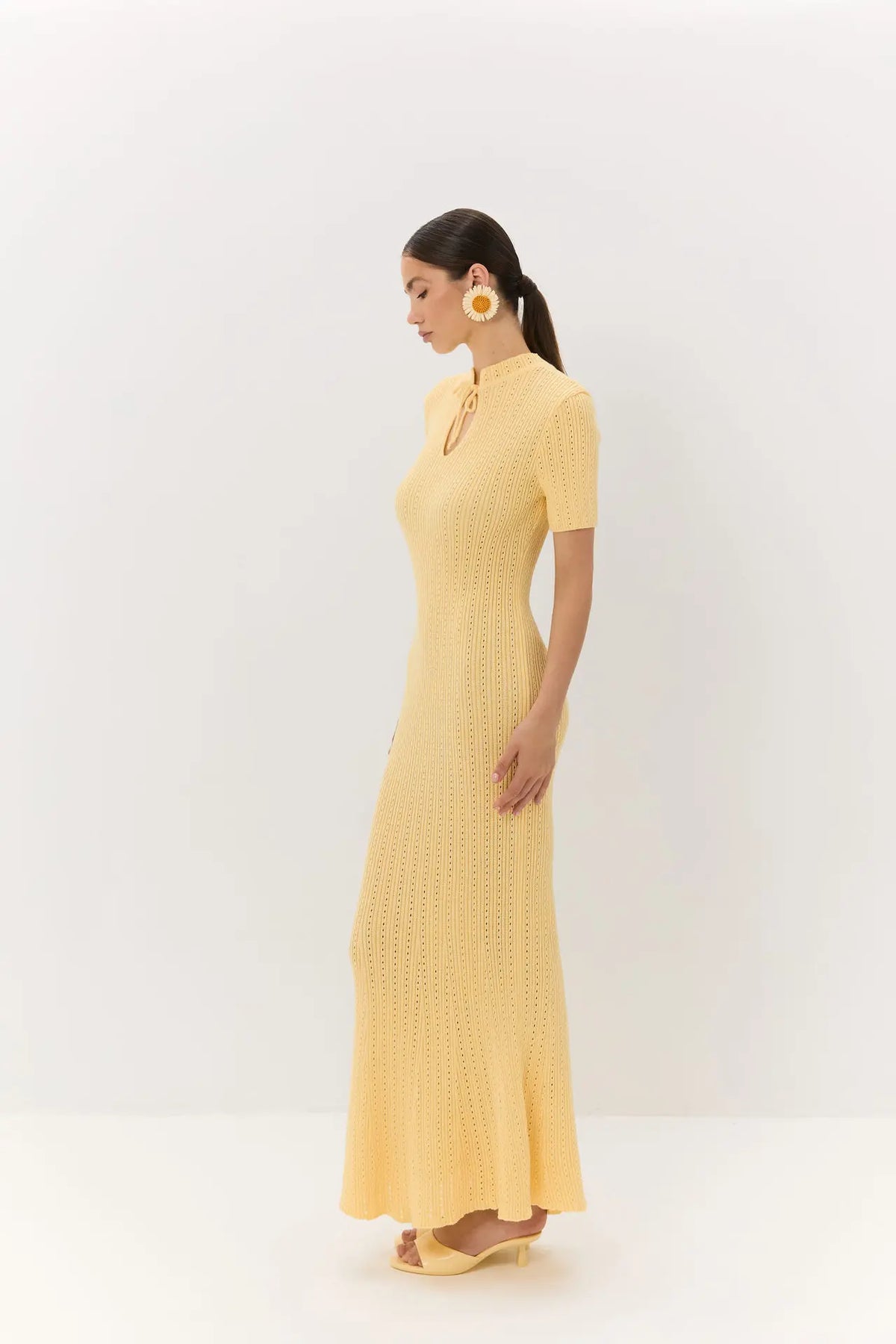 Tossy Knit Hollow Out Lace-Up Dress – Ribbed Short Sleeve Patchwork High Waist Elegant Long Dress