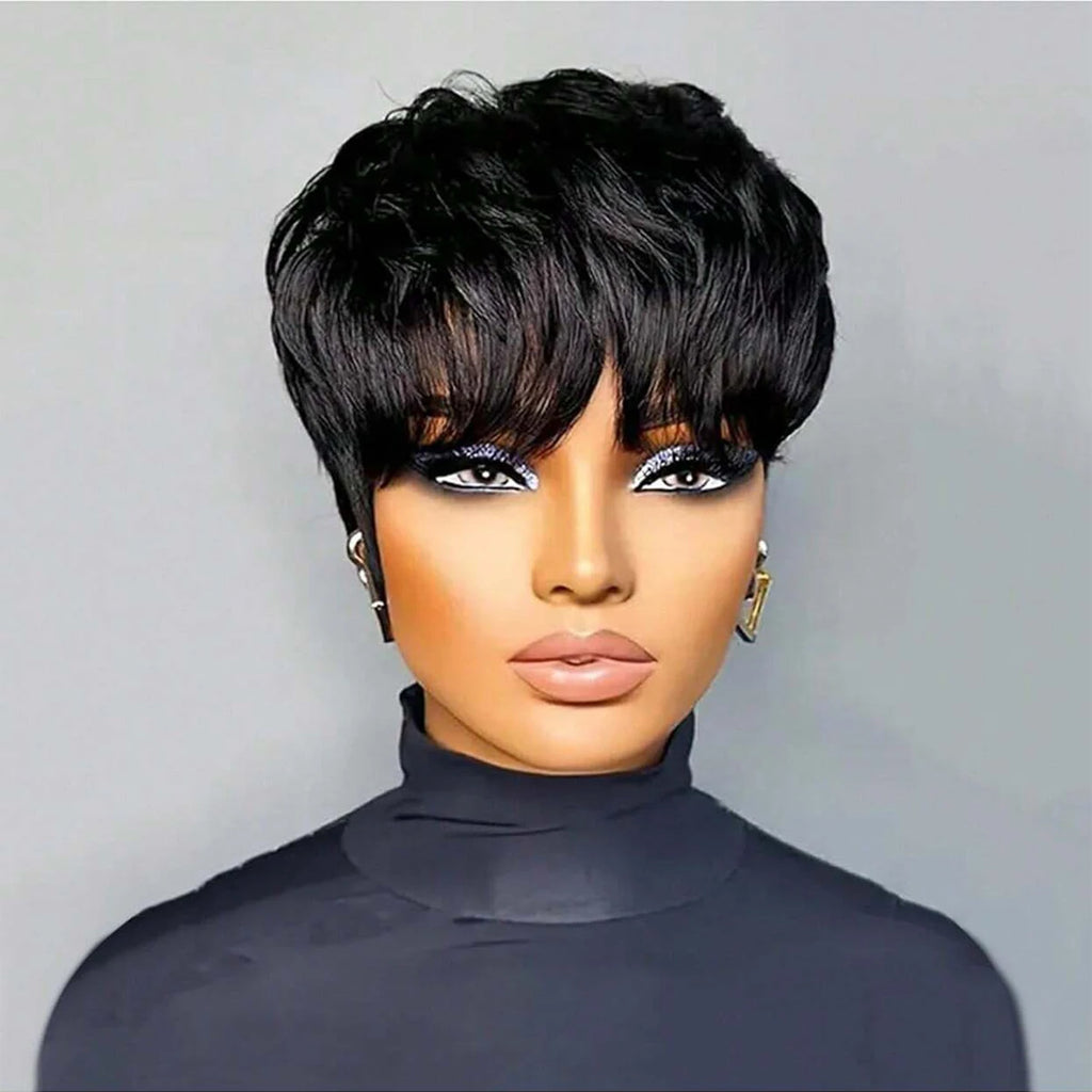Short Pixie Cut Bob Wig for Black Women | Glueless Synthetic Lace Front Wig with Bangs