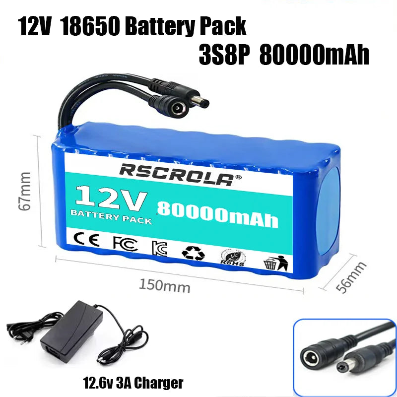 Rechargeable 12V 18650 Lithium Battery Pack with BMS – For Solar, LED Light, RC Model & Power Supply with Charger