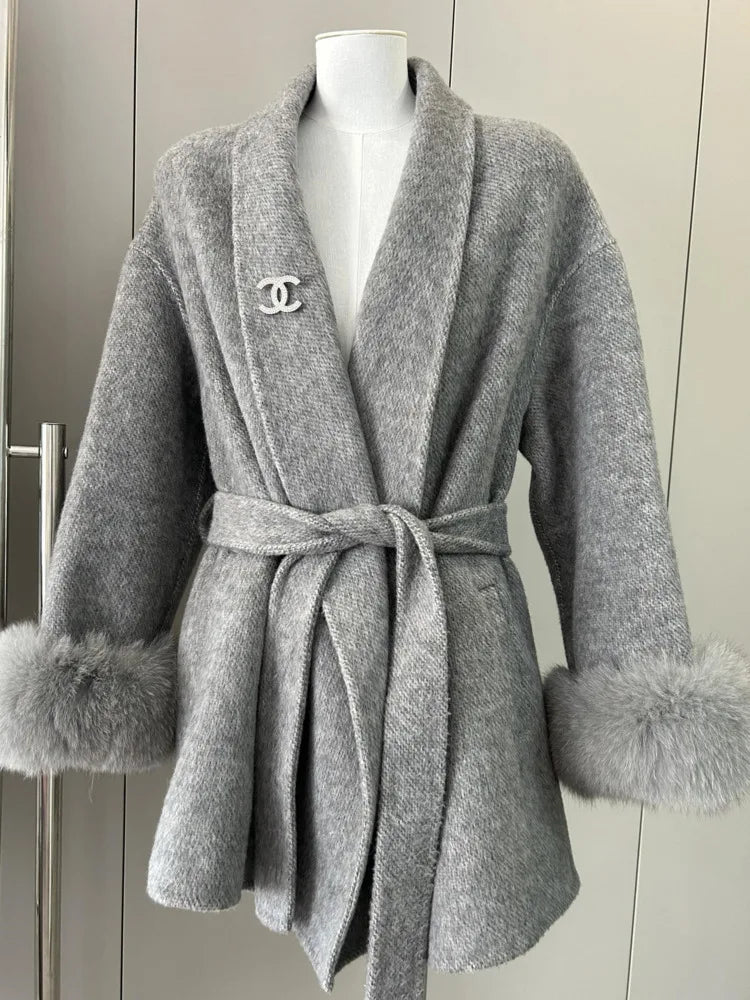 Women's Short Lace-Up Cashmere Wool Coat – Slim Lapel Autumn Winter Outerwear