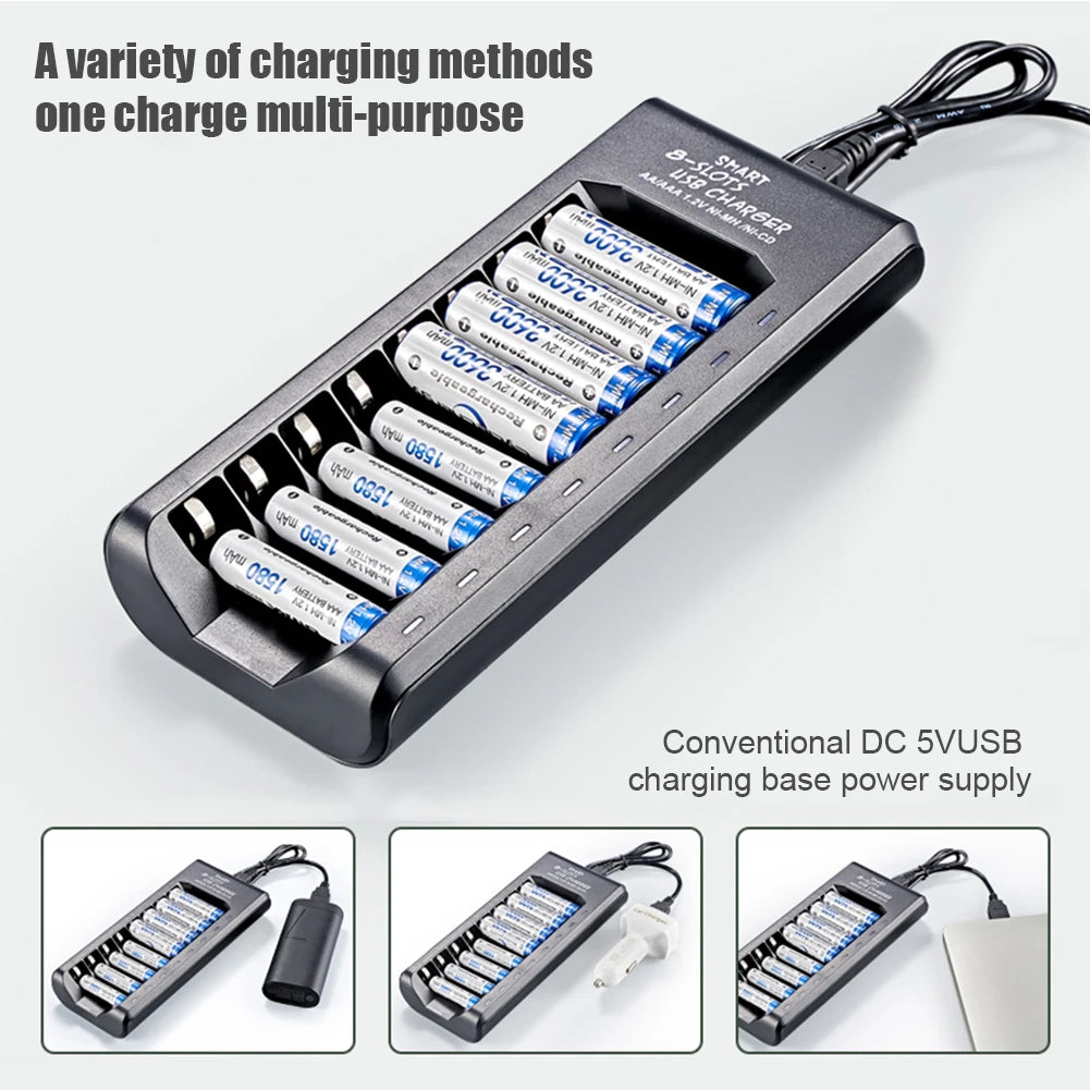 8-Slot USB NiMH AA/AAA Battery Charger – Fast Charging with Short Circuit Protection & USB Output
