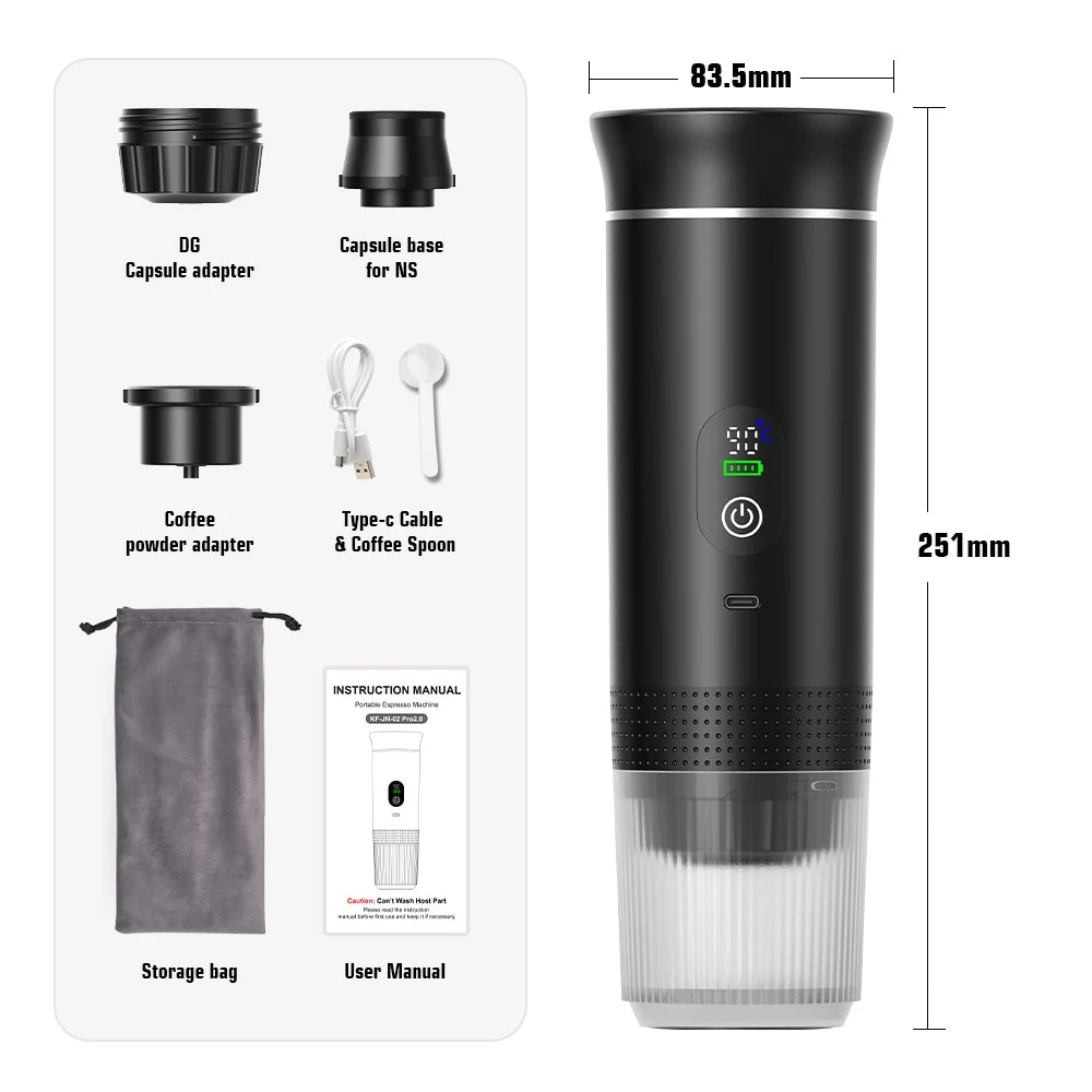 DENOKIN 3-in-1 Portable Espresso Coffee Machine — 20 Bar Pressure, USB-C Charging, Capsule & Ground Coffee Compatible for Travel, Car & Home