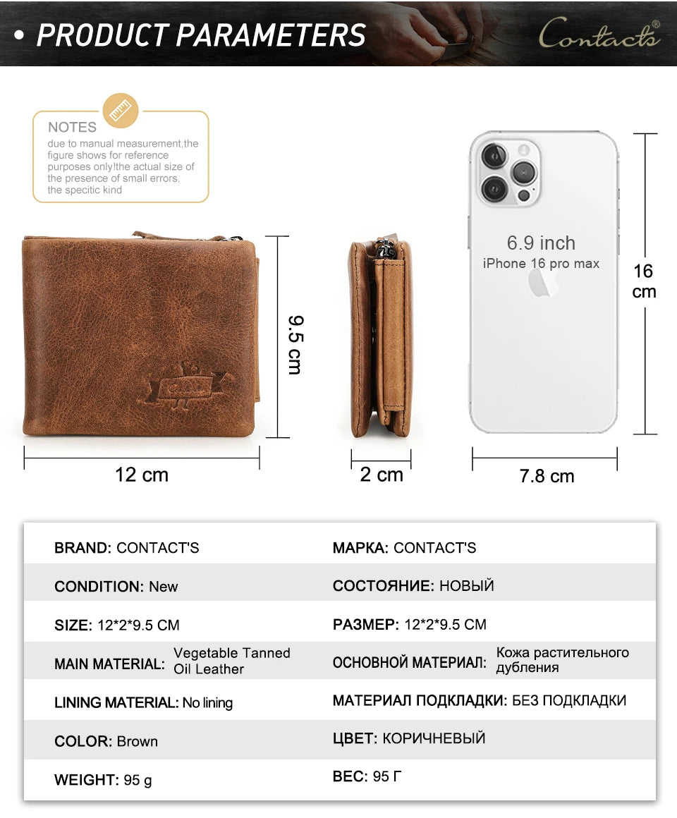 Genuine Cowhide Leather Men's Trifold Wallet – Vintage Crazy Horse Leather Zip Coin Pocket Purse
