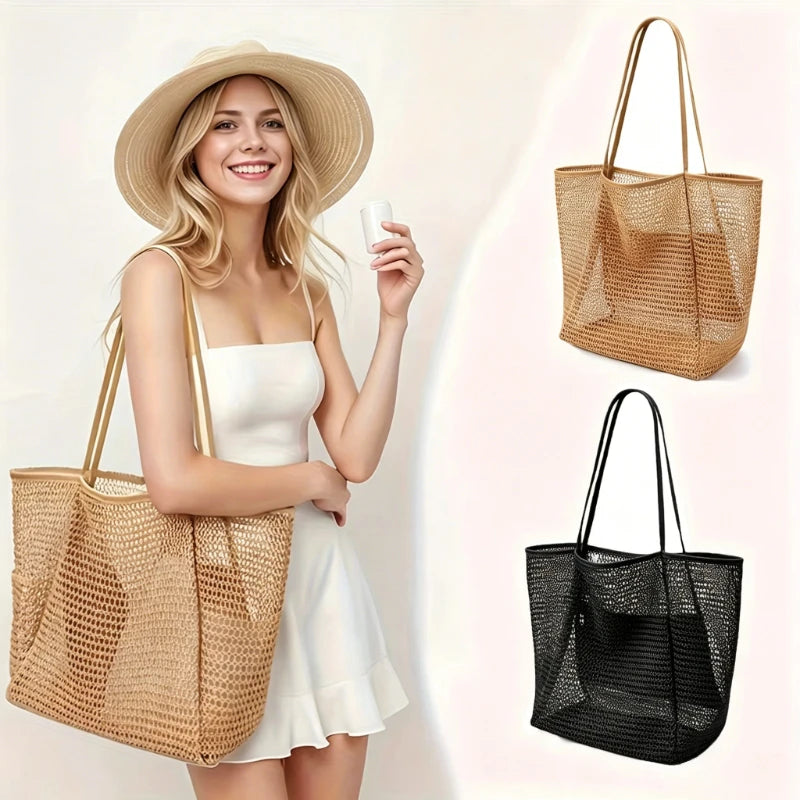 Women's Large Capacity Beach Tote Bag – Durable Polyester Woven Shoulder Bag for Travel & Shopping