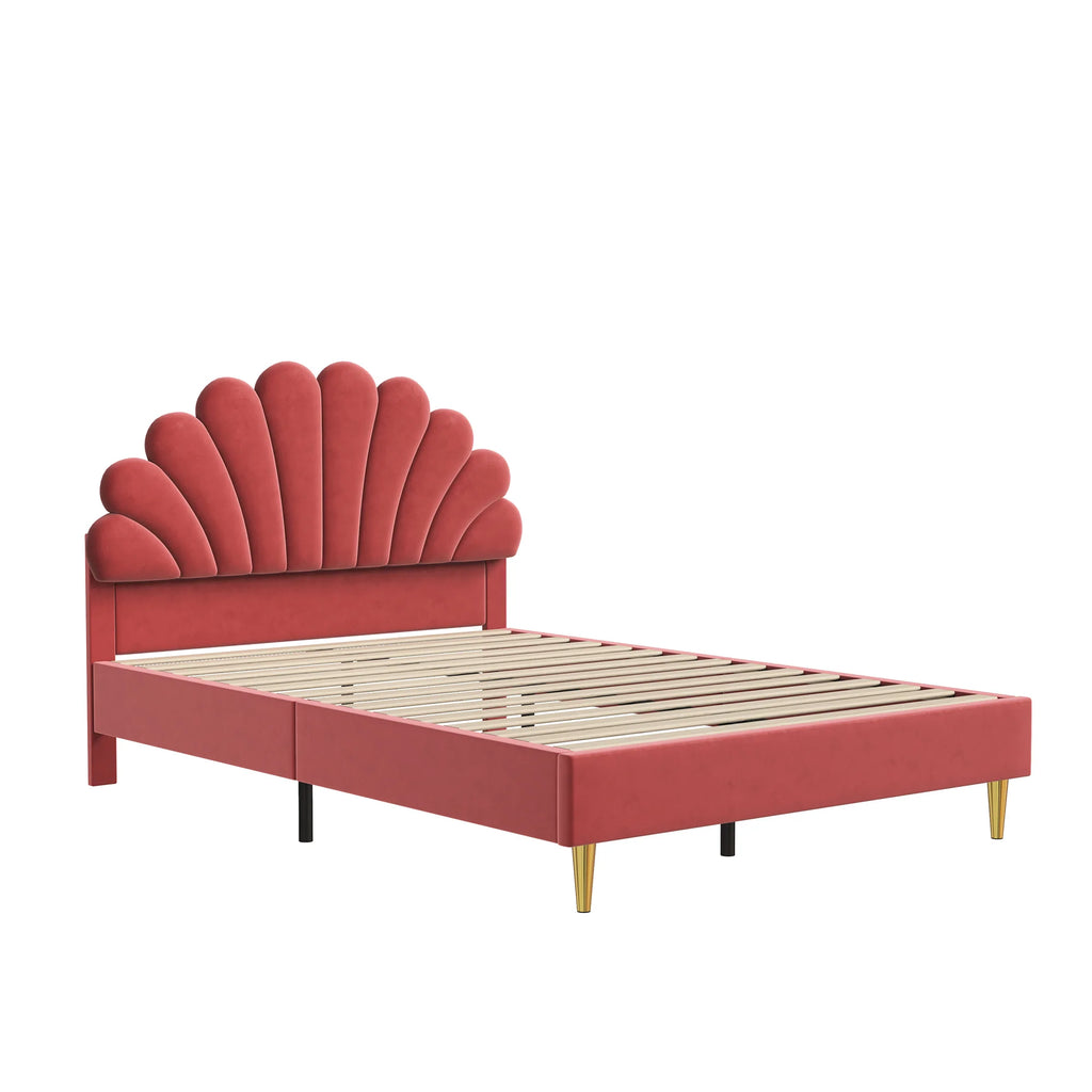 Elegant Upholstered Double Bed Frame – Flower-Shaped Headboard, Velvet Cover, 140x200cm, No Mattress