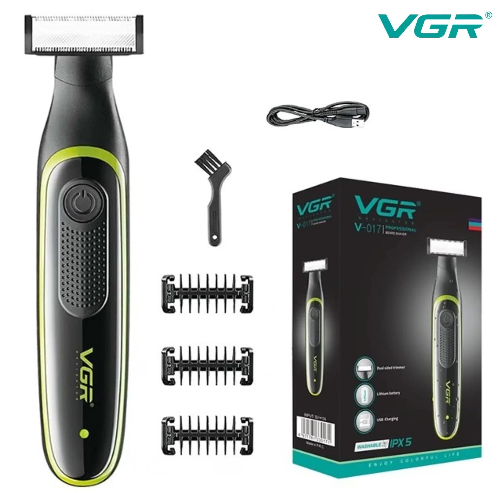 VGR One Blade Waterproof Hair & Beard Trimmer | IPX5 Wet/Dry, Rechargeable, 3 Guide Combs, Men & Women V-017