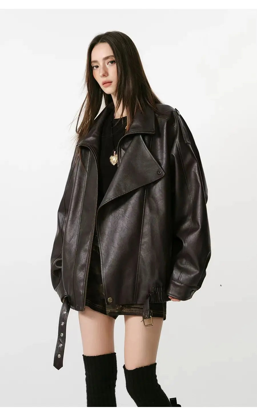 Women's Faux Leather Jacket – Loose Fit Zip Front