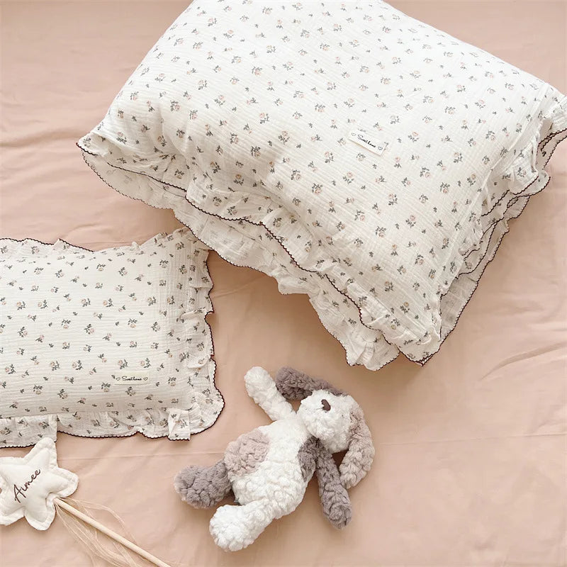Princess Ruffle Bedding Set – 100% Cotton Gauze Duvet Cover with Pillowcases, Floral, 3-Piece