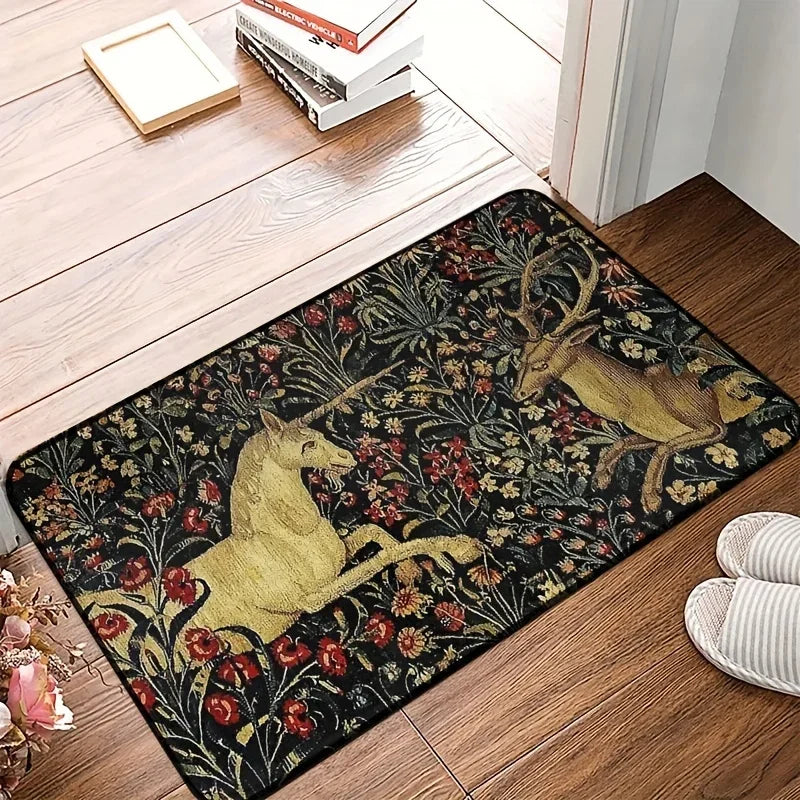 Medieval Unicorn Floral Doormat – Non-Slip Washable Rug for Home Decor