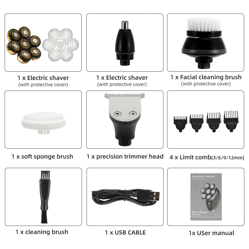 7D Floating Head Electric Shaver for Men – Wet/Dry Rotary Razor with LCD Display & Bald Head Trimmer