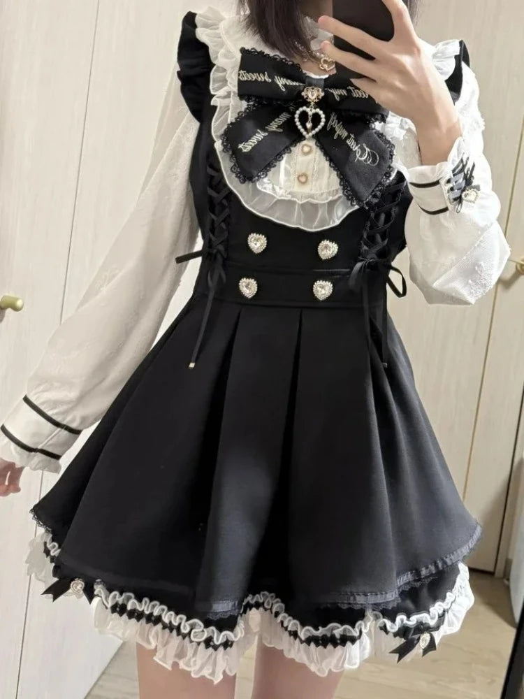 Japanese Gothic Lolita Mini Dress — Harajuku Y2K Bow Lace Ruffle Party Dress