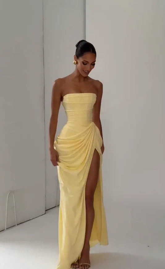 Strapless Pleated Evening Gown — Off-Shoulder Backless High Waist Split Dress
