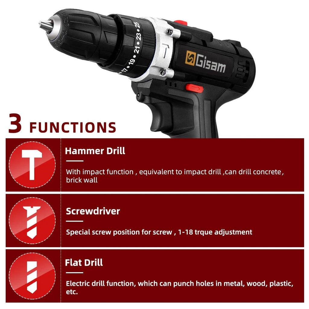 21V Cordless Impact Drill — 25+3 Torque Settings, LED Light & Drill Bits Set Included