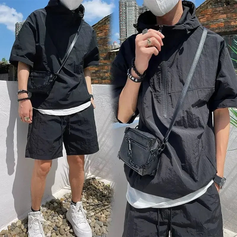 Men's Cargo Style Hooded T-Shirt & Shorts Set – Solid Loose Fashion Casual Sweatshirt Suit