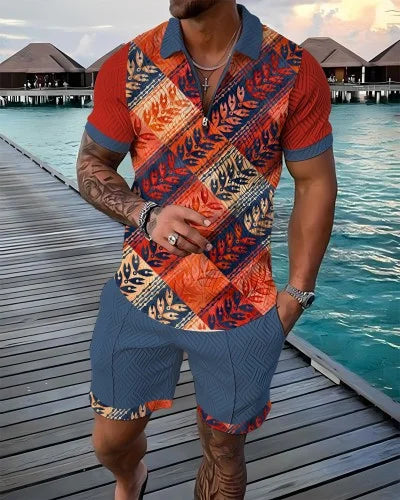 Men's 3D Printed Summer Tracksuit Set – Short Sleeve Polo Shirt & Shorts