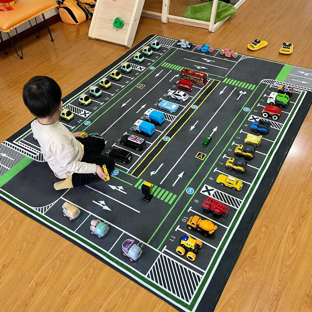 Kids City Traffic Play Mat – Car Park Parking Lot Rug for Boys & Girls, Educational Floor Map