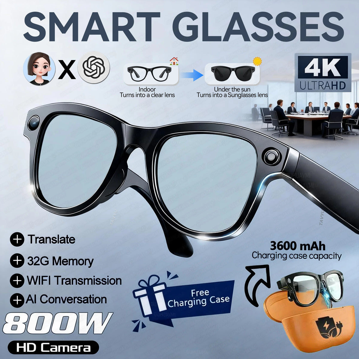 2026 AI Smart Glasses – 4K Camera, 120+ Language Translation, 3600mAh Power Bank, Bluetooth 5.3