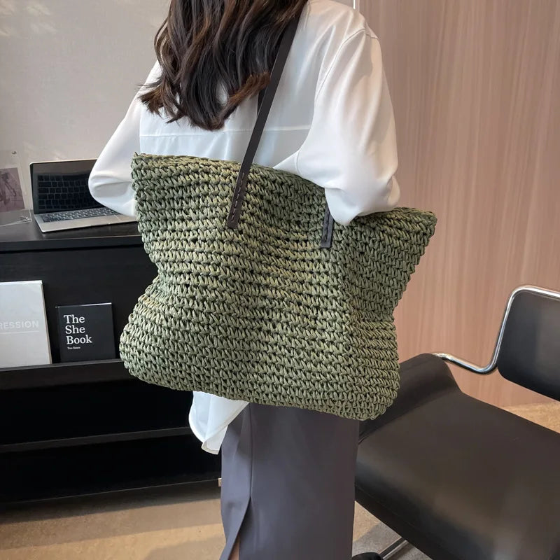 Straw Woven Beach Tote Bag – Large Capacity Casual Shoulder Handbag for Women