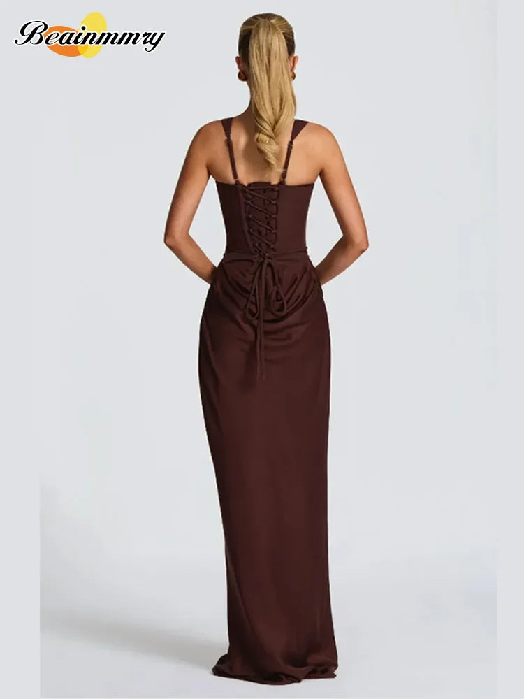 Brown Square-Neck Pleated Mini Dress — Sleeveless Backless Bodycon Club Dress