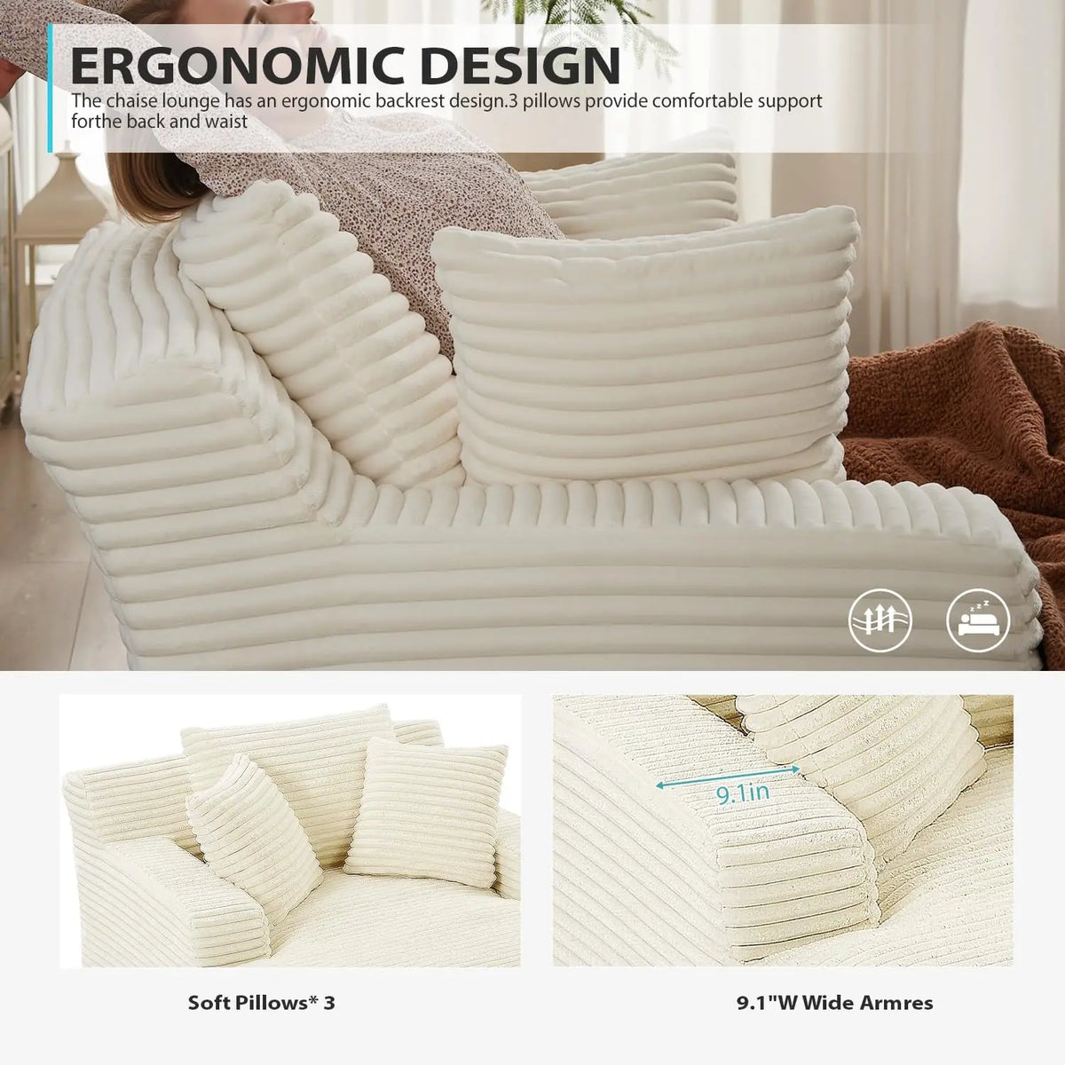 50-Inch Beige Corduroy Sleeper Chaise Lounge