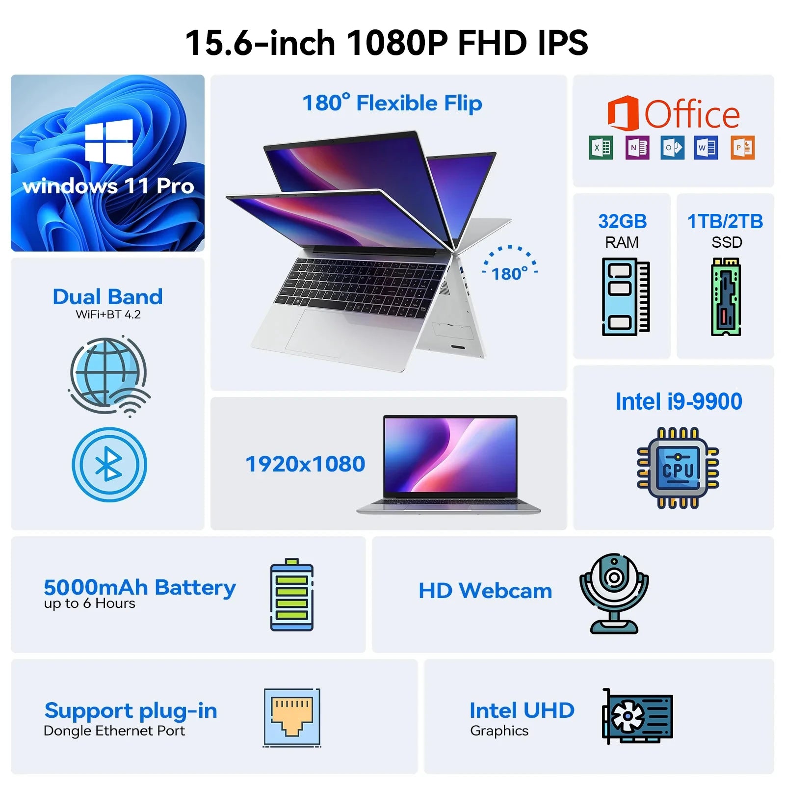 15.6" Intel Core i9-9900 Ultra Slim Laptop – Up to 32GB DDR4, 2TB SSD, Windows 11