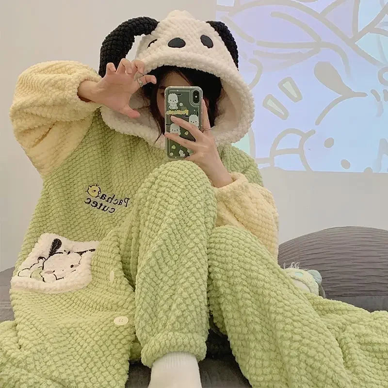 Women's Kawaii Coral Velvet Hooded Pajamas | Thickened Flannel Casual Homewear Suit