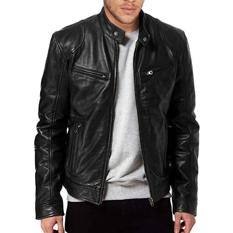 Men's Faux Leather Biker Jacket – Stand Collar Zip Front