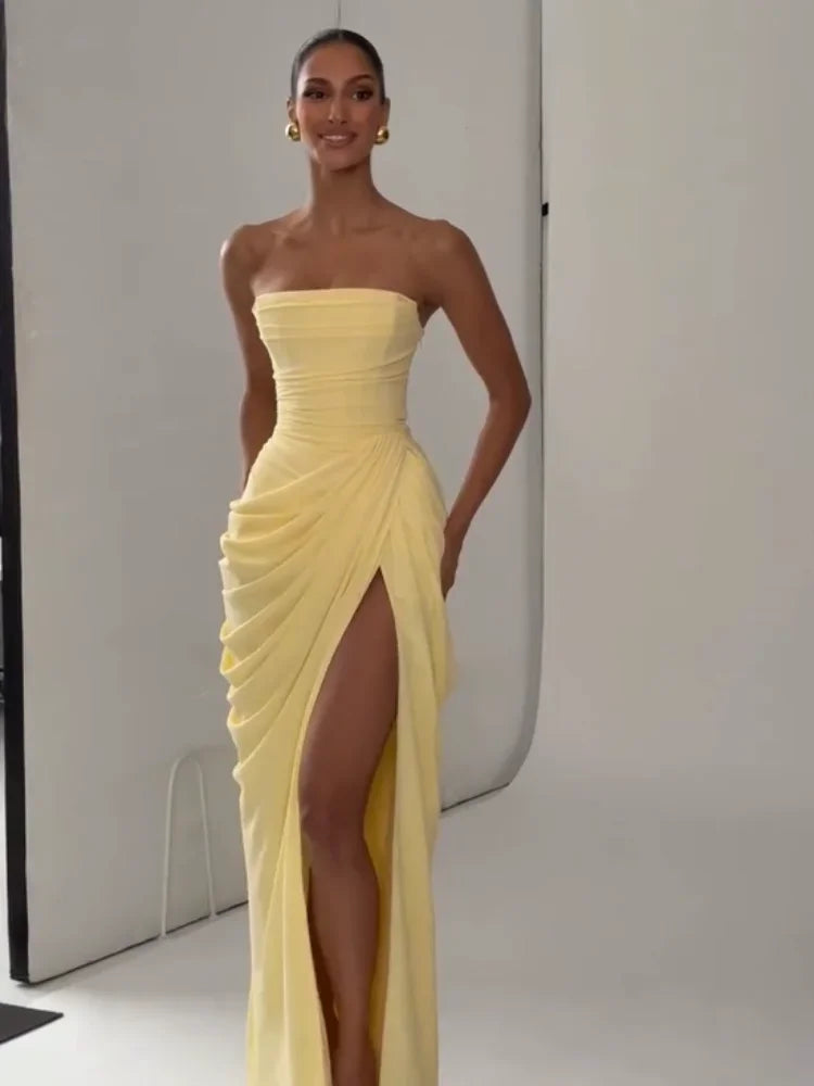 Sexy Strapless Pleated Maxi Dress – Off-Shoulder Backless High Waist Split Evening Party Gown