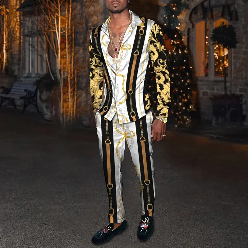 Men's 3D Retro Harajuku Print Long Sleeve Lapel Shirt & Long Pants 2-Piece Set