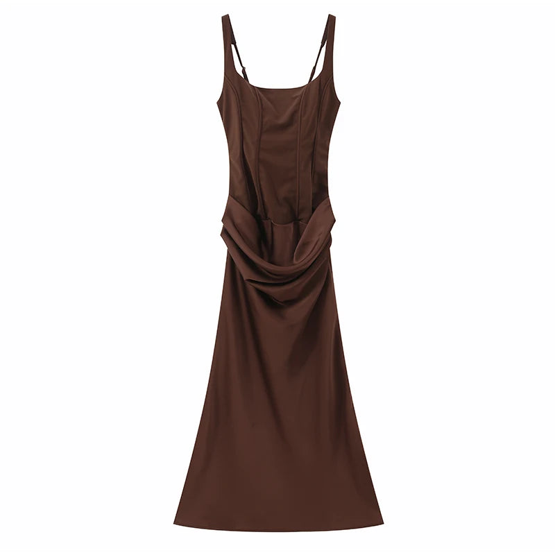 Brown Square-Neck Pleated Mini Dress — Sleeveless Backless Bodycon Club Dress