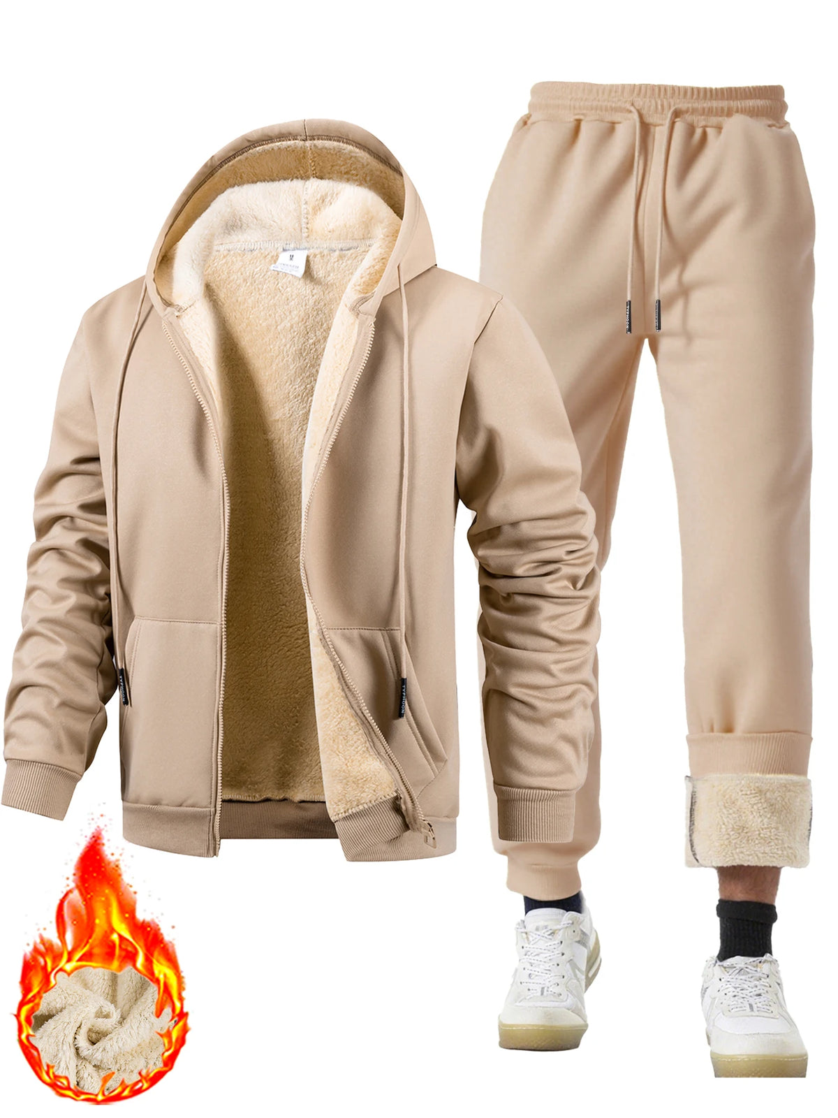 Men's Plush Thickened Winter Hoodie Jacket & Trousers Set – Warm Outdoor Casual Sport Tracksuit
