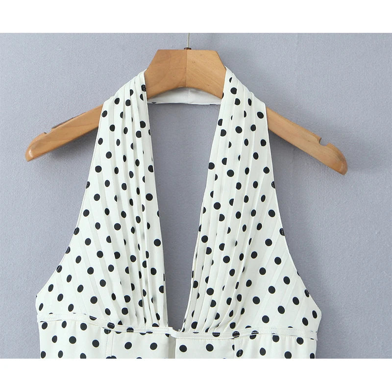 Retro Polka Dot Deep V Halter Mini Dress — Backless A-Line Slim Summer Dress