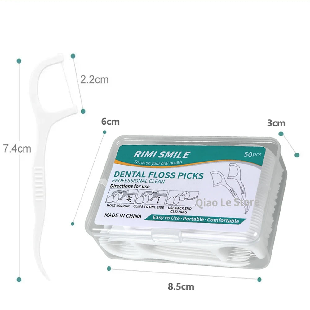 Clean Between Every Tooth. — Portable Disposable Dental Floss Picks | High-Tension Floss Sticks, 50pcs per Box, 1, 2, 3, 5 & 10 Box Options