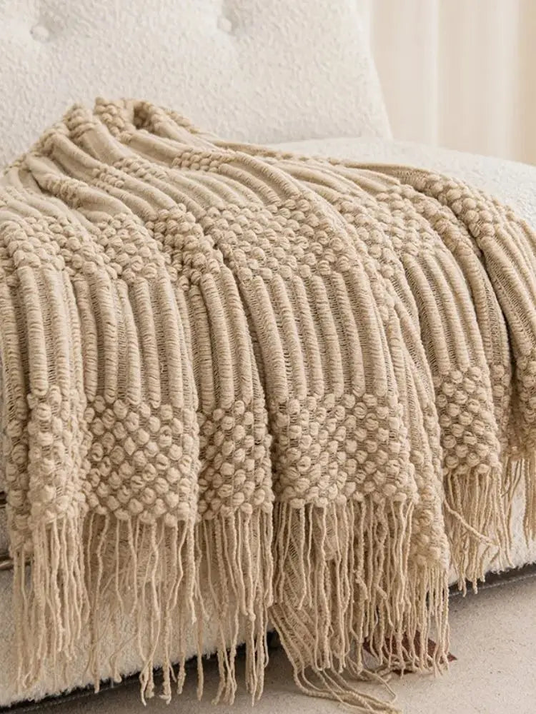 Knitted Acrylic Throw Blanket with Tassels – Chunky Farmhouse Style, 28 Colors & 2 Sizes