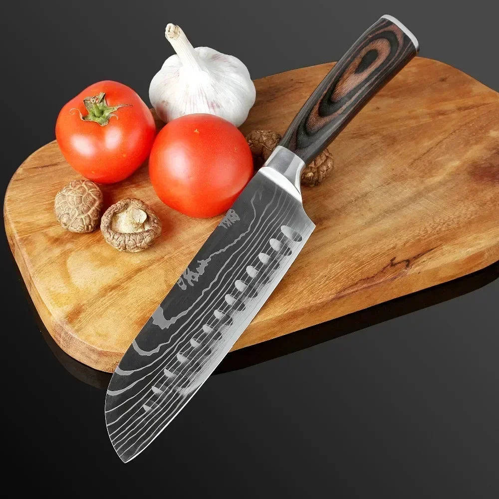 Damascus Kitchen Knife Set — Japanese Santoku, Cleaver, Slicing & Boning Knives