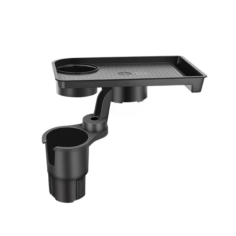 Black car cup holder tray with two cup holders and a small tray on a white background