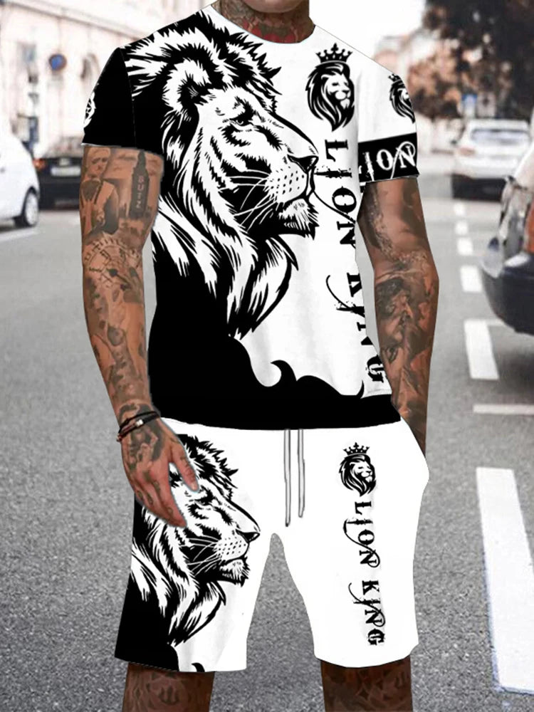Men's Lion King 3D Print T-Shirt & Drawstring Shorts Set – Casual Outdoor Camping 2-Piece