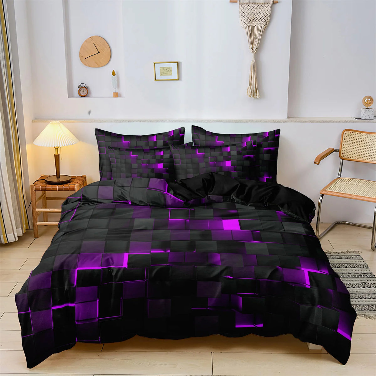 3-Piece Geometric Grid Plaid Duvet Cover Set – 1 Duvet Cover & 2 Pillowcases, Twin to King