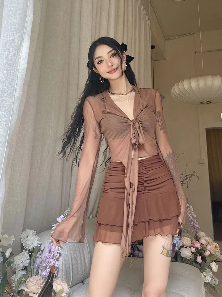 Women's Long Flare Sleeve Blouse – Lace-Up Mesh Korean Fashion Elegant Casual Solid Top